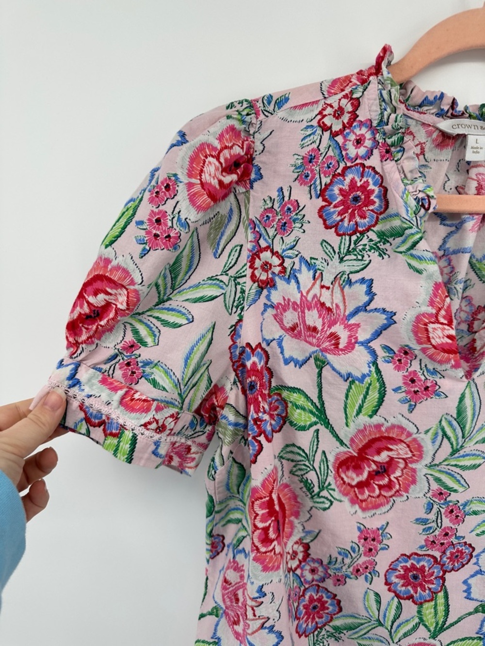Crown&Ivy Boho Cottagecore Romantic Southern Belle Chic Floral Pink Blouse SzL - Picture 3 of 12